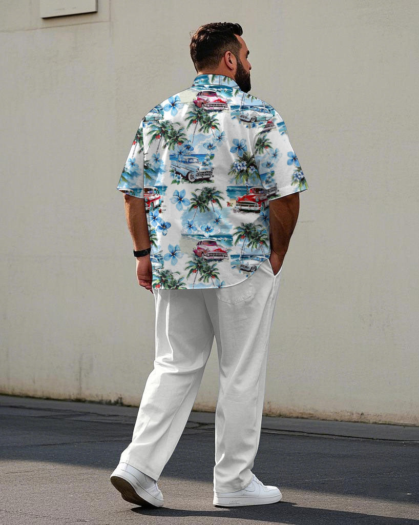 White Hawaiian Car Coconut Pattern Shirt Trousers Set Men's Big & Tall