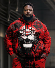 Men's Large Size Vintage Lion Graffiti Hoodie and Sweatpants Two Piece Set