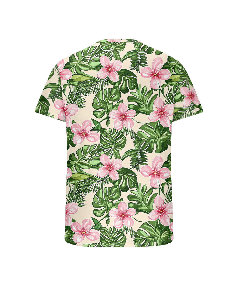 Men's Plus Size Hawaiian Green Floral Print Henry Collar Button Short Sleeve Tee