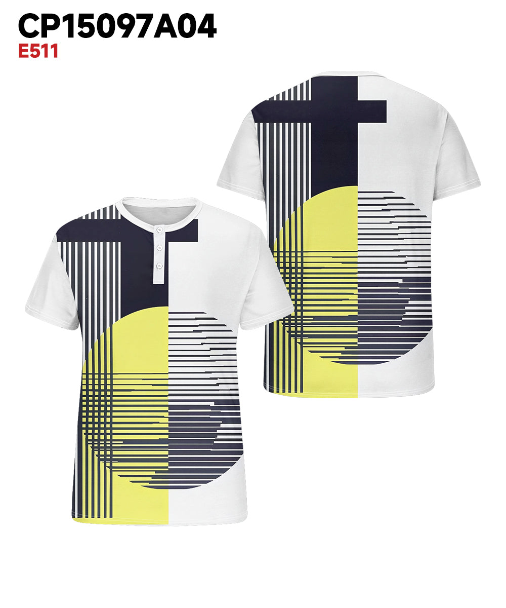 Men's Plus Size Geometric Color Block Striped Print Henry Collar Button Short Sleeve T-shirt