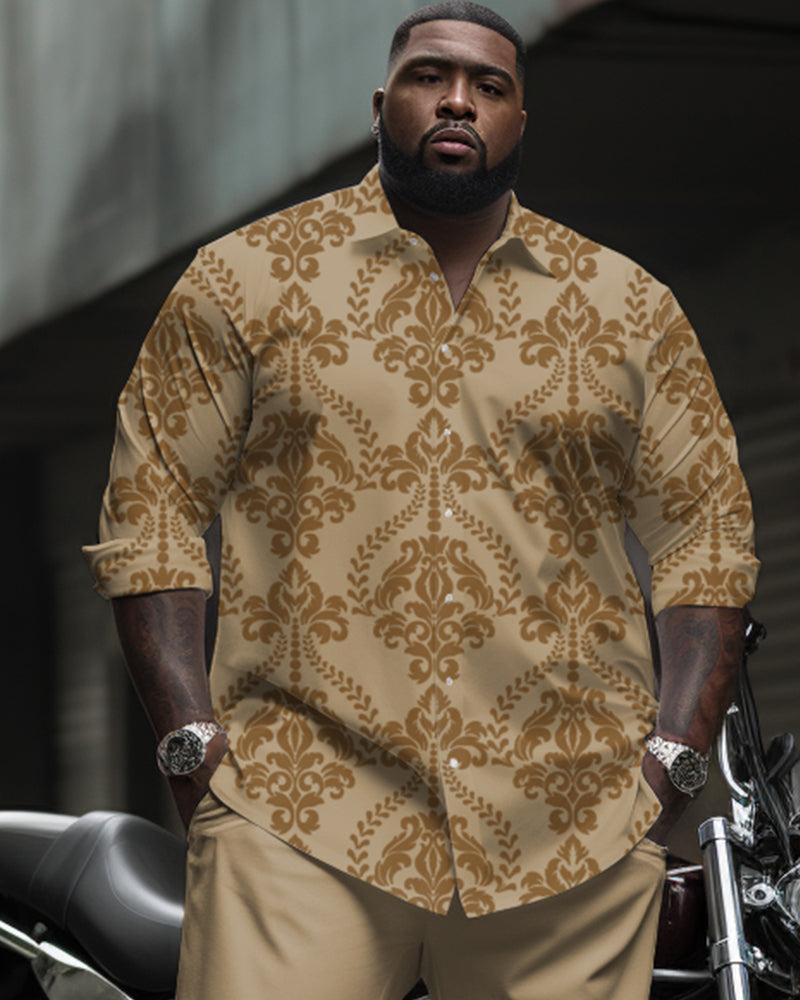 Big Guys High-grade Same Color Retro Pattern Printed Long-sleeve Lapel Shirt 2-piece Set