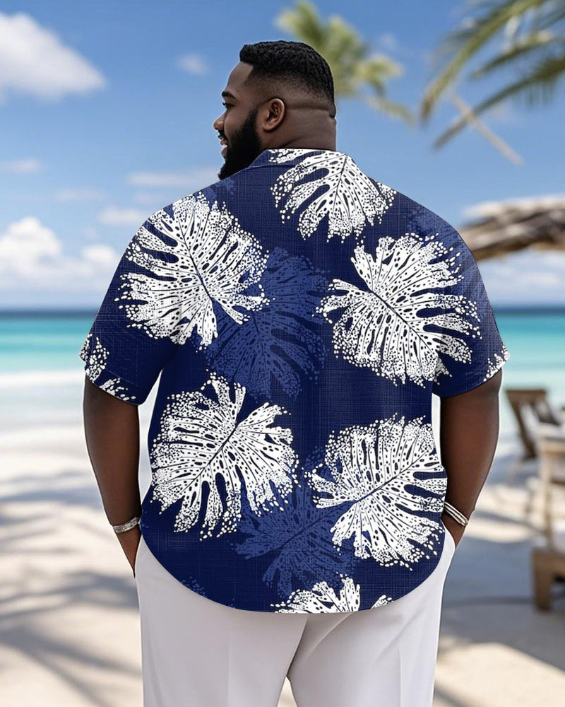 Men's Plus Size Hawaiian Blue Abstract Leaf Print Short Sleeve Slub Shirt