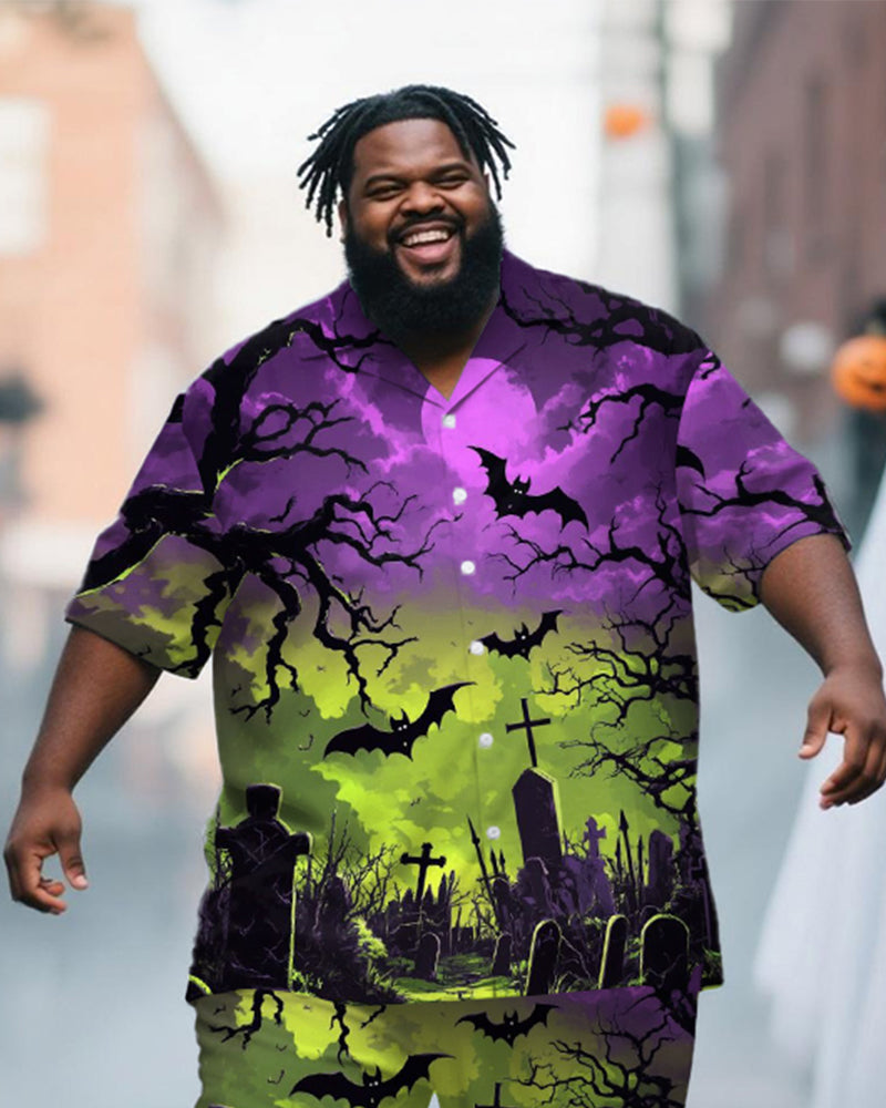 Big & Tall Men's Halloween Purple Green Graffiti Cross Print Short Sleeve Shirt Trousers Suit