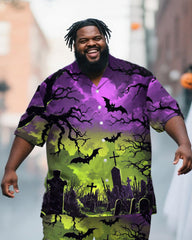 Big & Tall Men's Halloween Purple Green Graffiti Cross Print Short Sleeve Shirt Trousers Suit