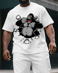 Men's Big & Tall Cartoon Gorillas Breaking the Wall Print Short-Sleeved T-shirt and Short 2-piece Set