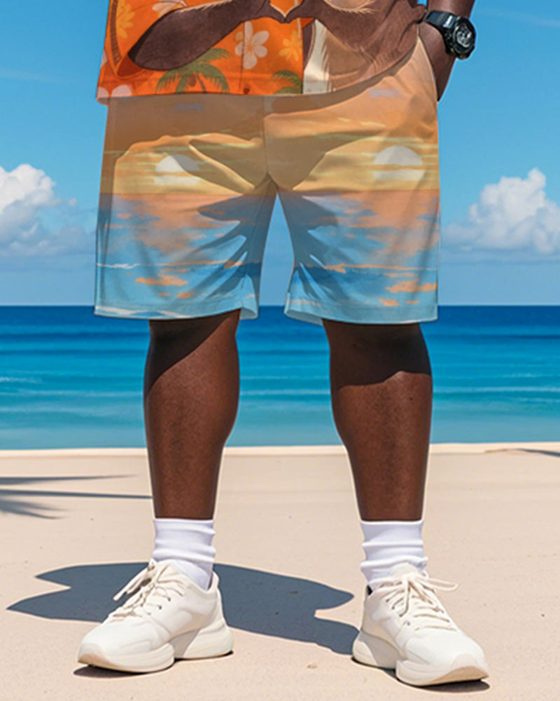 Men's Plus Size Hawaiian Orange Capybara Love Print Short Sleeve T-Shirt Shorts Suit