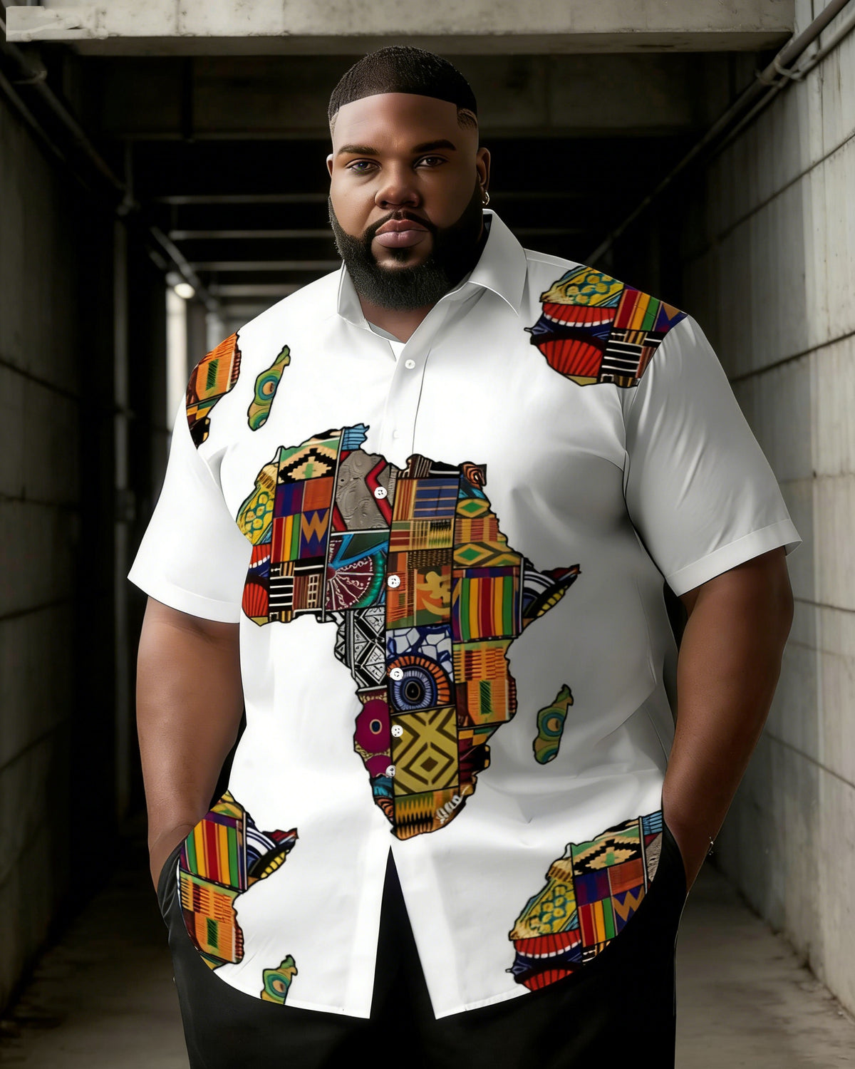 Big & Tall Men's African Totem Map Printed Short Sleeve Shirt