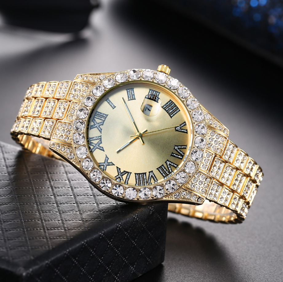 Full Diamond Fashion Rhinestone Calendar Quartz Men's Watch