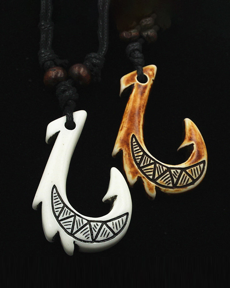 Ethnic Tribal Maori Fish Hook Bone Imitation Resin Necklace