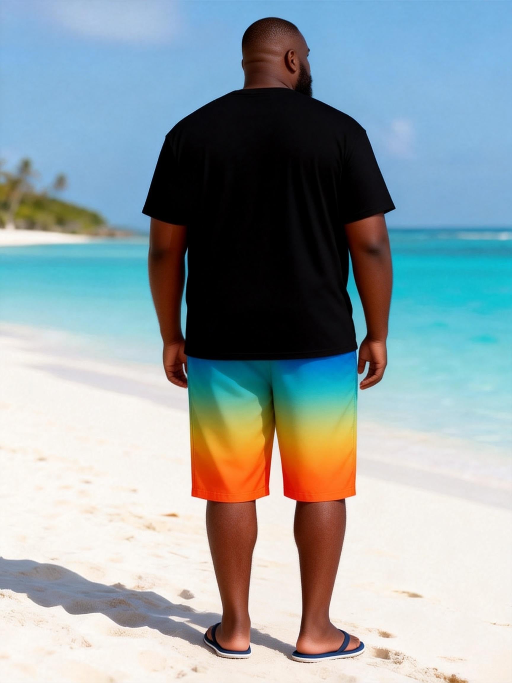 Big & Tall Men's Summer Rainbow Gradient Print Crewneck Short-sleeved T-shirt Shorts Set