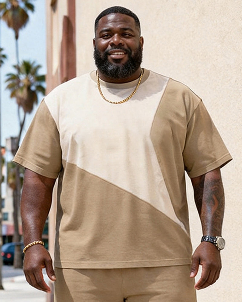 Big & Tall Men's Earth Color Stitching POLO Letter Printing Round Neck Short Sleeve T-shirt Shorts Set