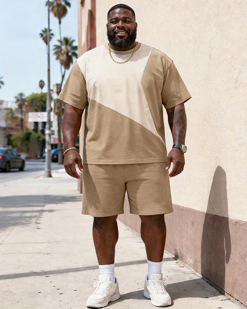 Big & Tall Men's Earth Color Stitching POLO Letter Printing Round Neck Short Sleeve T-shirt Shorts Set