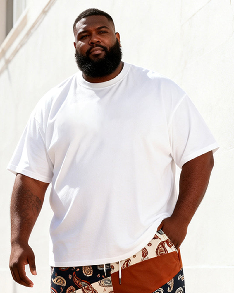 Big & Tall Men's Vintage Cashew Flower POLO Letter Printed Round Neck Short Sleeve T-Shirt Shorts Set