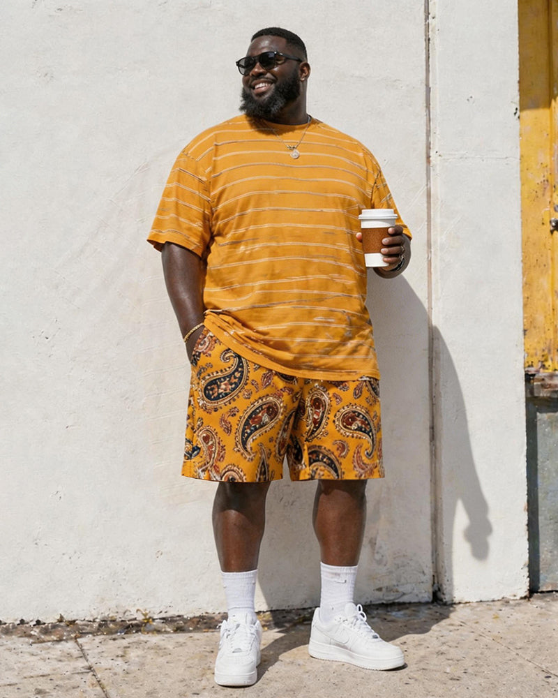 Big & Tall Men's Retro Style Yellow Tone Paisley POLO Letter Printed Round Neck Short Sleeve T-shirt Shorts Set