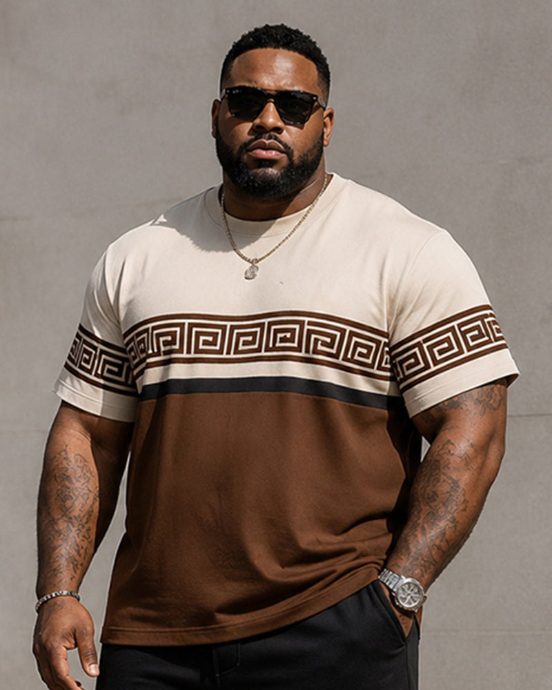 Big & Tall Men’s Coffee-White Color-Block Meander-Print Crew-Neck Short-Sleeve T-Shirt And Shorts Set