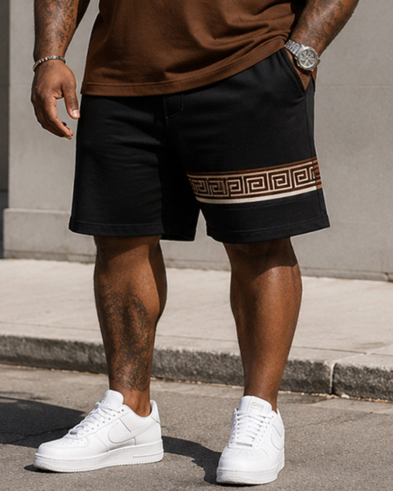 Big & Tall Men’s Coffee-White Color-Block Meander-Print Crew-Neck Short-Sleeve T-Shirt And Shorts Set