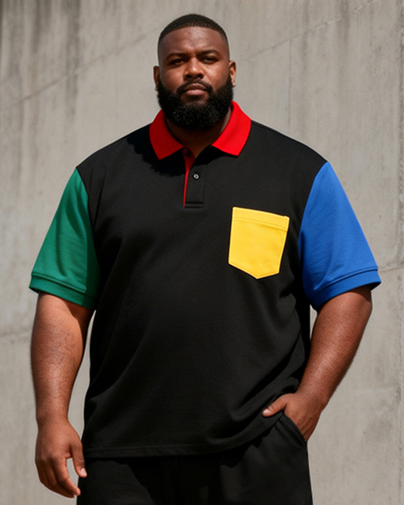 Big & Tall Men’s Black-Base Color-Block Printed Pocket Polo Short-Sleeve Shorts Set