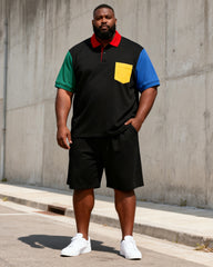 Big & Tall Men’s Black-Base Color-Block Printed Pocket Polo Short-Sleeve Shorts Set