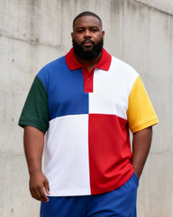 Big & Tall Men's Four-color Stitching Printed POLO Short-sleeved Shorts Set