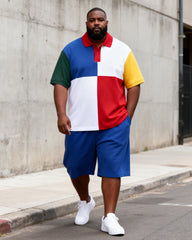 Big & Tall Men's Four-color Stitching Printed POLO Short-sleeved Shorts Set