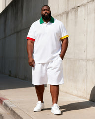 Big & Tall Men's Green Red Yellow Contrast Printed POLO Short Sleeve Shorts Set