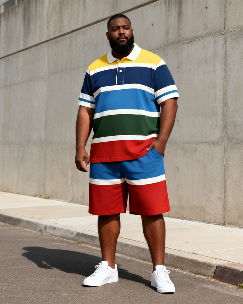 Big & Tall Men's Multicolor Horizontal Stripe Printed POLO Short Sleeve Shorts Set