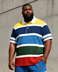 Big & Tall Men's Multicolor Horizontal Stripe Printed POLO Short Sleeve Shorts Set