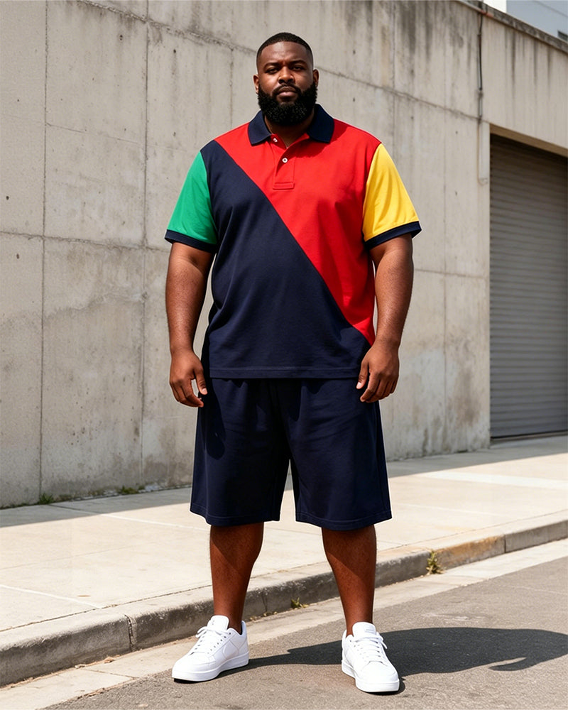 Big & Tall Men's Red And Black Contrast Letter Printed POLO Short Sleeve Shorts Set