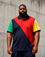Big & Tall Men's Red And Black Contrast Letter Printed POLO Short Sleeve Shorts Set