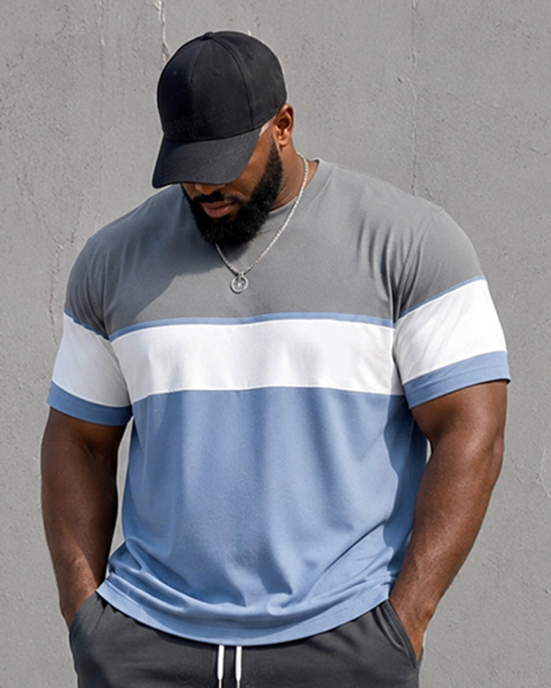 Big & Tall Men's Gray And Blue Stitching Crown Print Round Neck Short Sleeve T-shirt Shorts Set