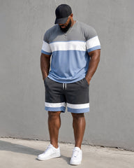 Big & Tall Men's Gray And Blue Stitching Crown Print Round Neck Short Sleeve T-shirt Shorts Set