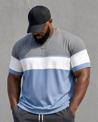 Big & Tall Men's Gray And Blue Stitching Crown Print Round Neck Short Sleeve T-shirt Shorts Set