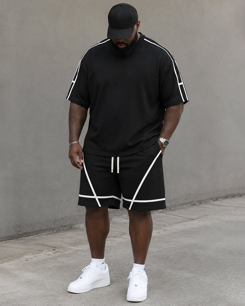 Big & Tall Men's Black And White Line Crown Print Round Neck Short Sleeve T-shirt Shorts Set