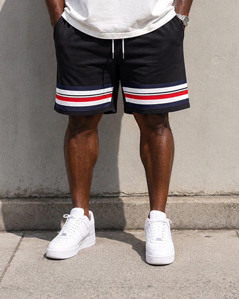 Big & Tall Men's White Red Blue Stripe Polo Print Round Neck Short Sleeve T-Shirt Shorts Set
