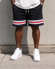 Big & Tall Men's White Red Blue Stripe Polo Print Round Neck Short Sleeve T-Shirt Shorts Set