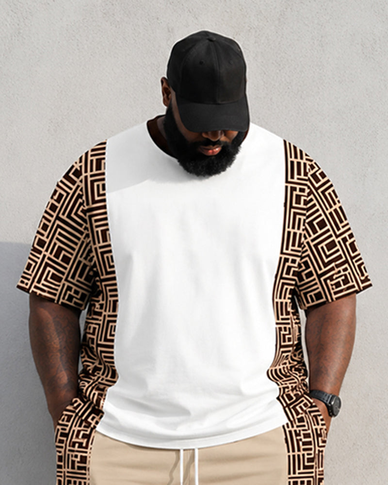 Big & Tall Men's Geometric Stitching Crown Print Round Neck Short Sleeve T-shirt Shorts Set
