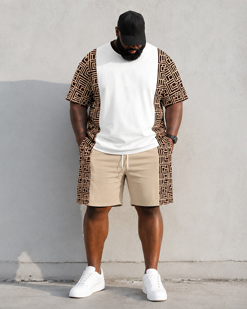 Big & Tall Men's Geometric Stitching Crown Print Round Neck Short Sleeve T-shirt Shorts Set