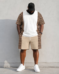 Big & Tall Men's Geometric Stitching Crown Print Round Neck Short Sleeve T-shirt Shorts Set