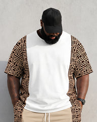 Big & Tall Men's Geometric Stitching Crown Print Round Neck Short Sleeve T-shirt Shorts Set