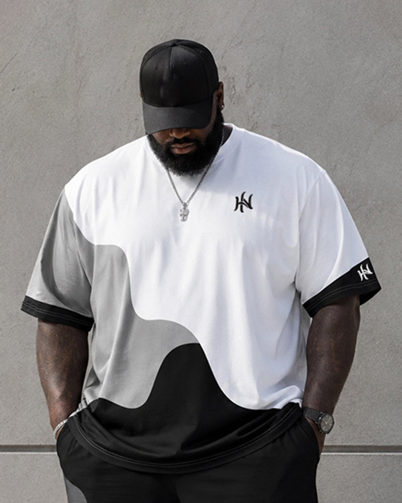 Big & Tall Men's Black And White Gray Gradient Wave Stitching Printed Round Neck Short Sleeve T-shirt Shorts Set