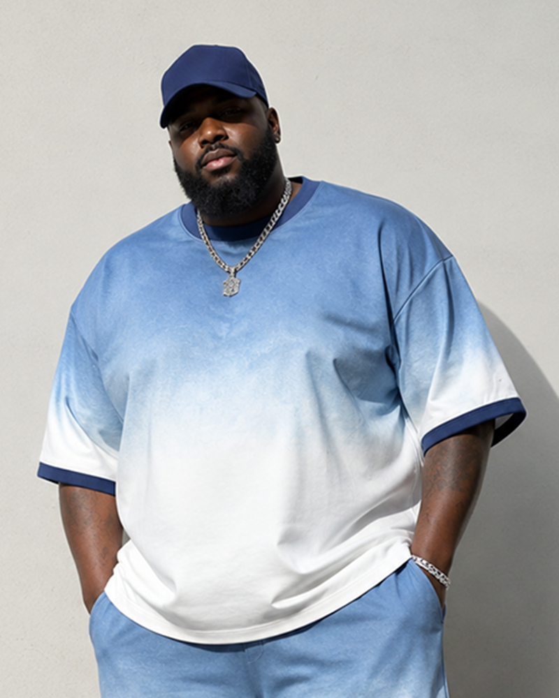 Big & Tall Men's Blue And White Gradient Printed Crew Neck Short Sleeve T-shirt Shorts Set