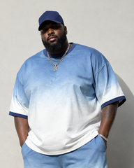 Big & Tall Men's Blue And White Gradient Printed Crew Neck Short Sleeve T-shirt Shorts Set