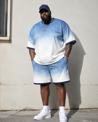 Big & Tall Men's Blue And White Gradient Printed Crew Neck Short Sleeve T-shirt Shorts Set