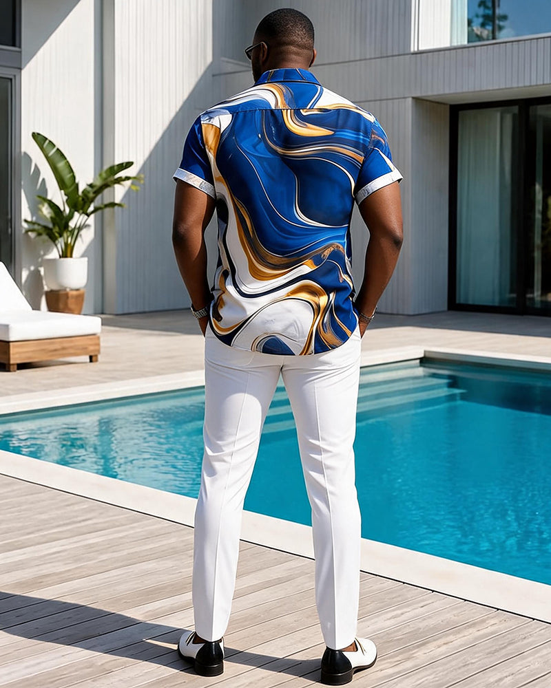 Big & Tall Men's Blue Gold Fluid Art Print Short Sleeve Shirt Pants Set