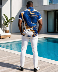Big & Tall Men's Blue Gold Fluid Art Print Short Sleeve Shirt Pants Set