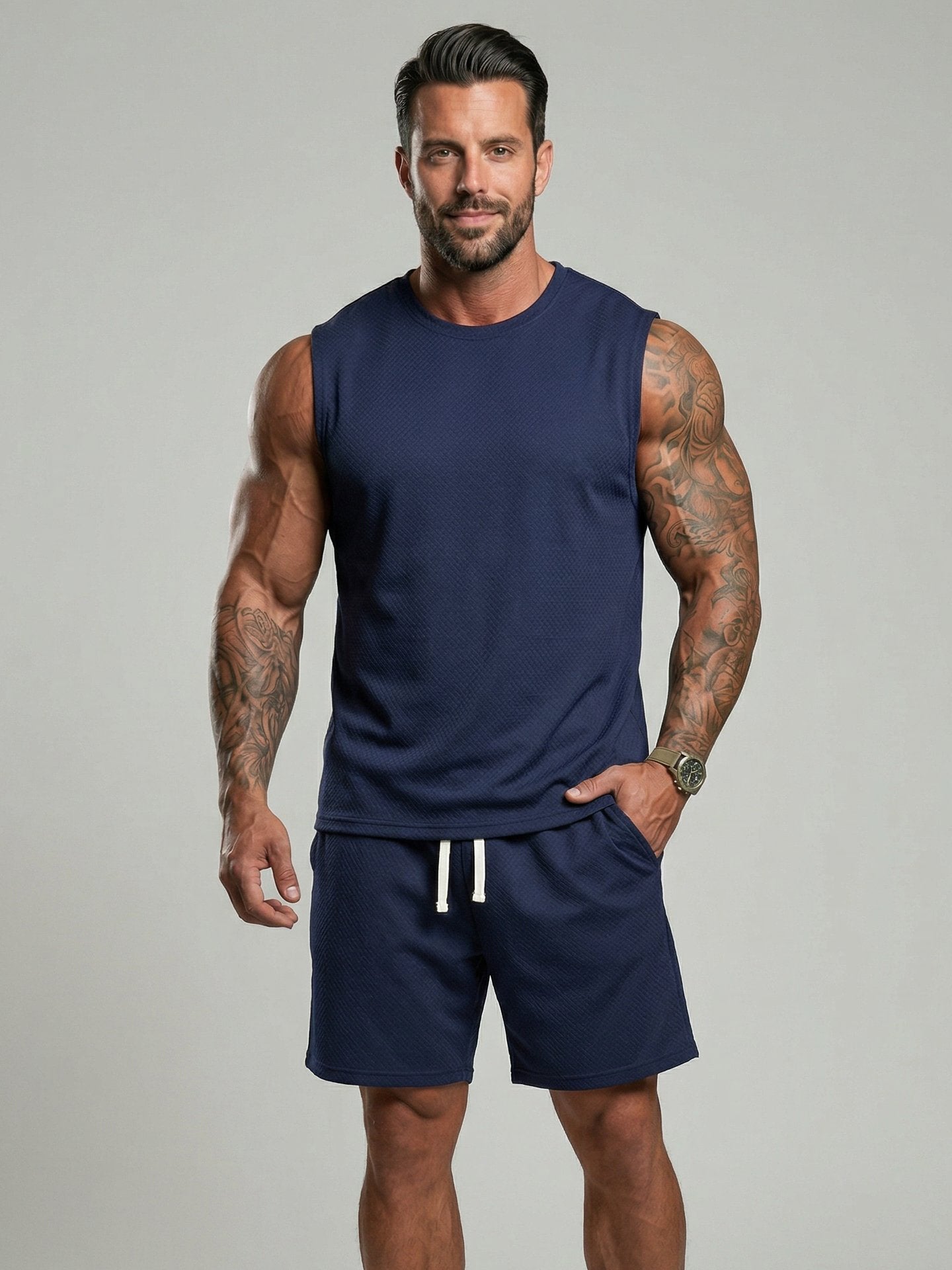 KZZ Men's Solid-Color Ribbed Sleeveless Vest and Shorts Two-Piece Set