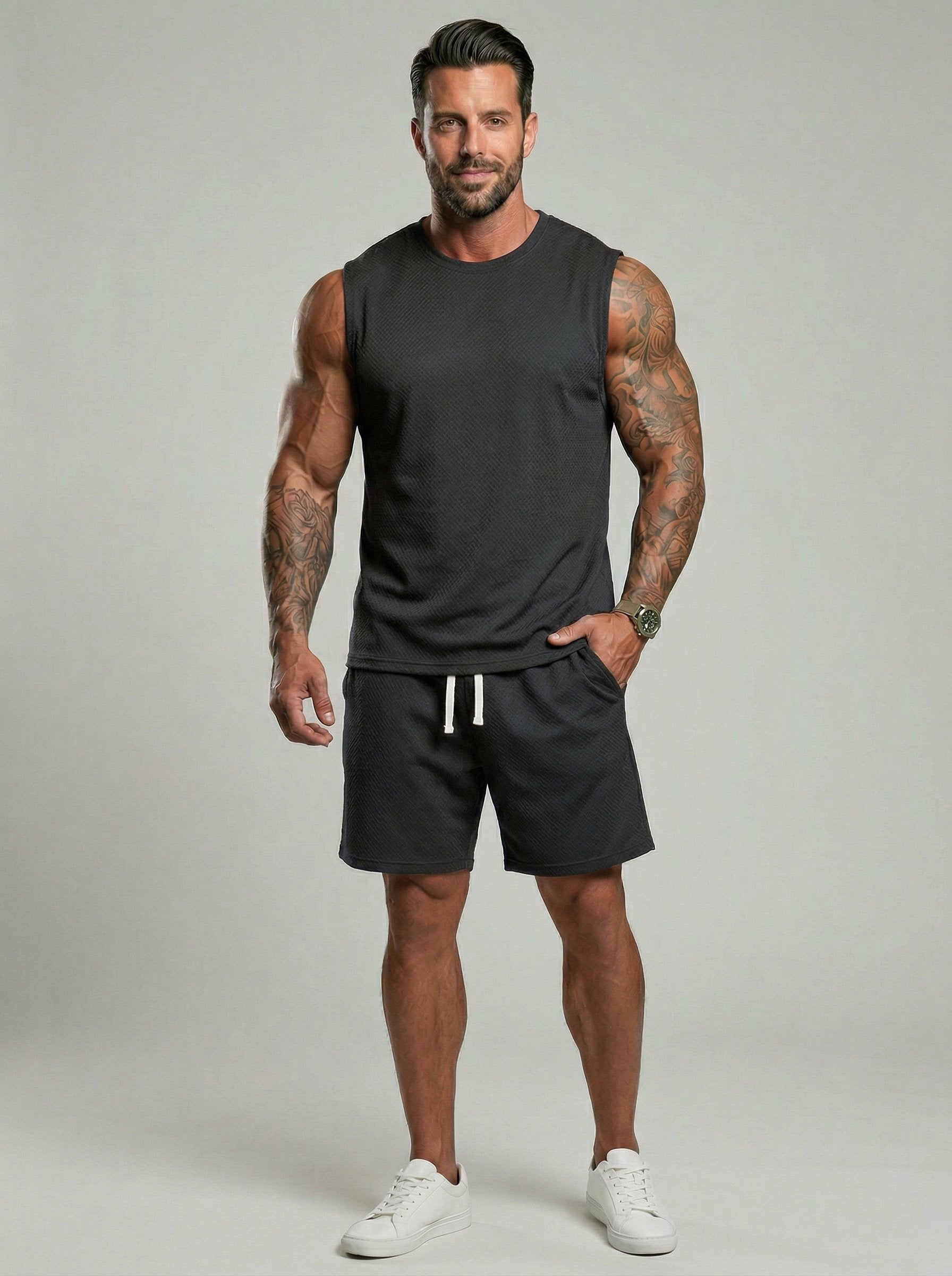 KZZ Men's Solid-Color Ribbed Sleeveless Vest and Shorts Two-Piece Set