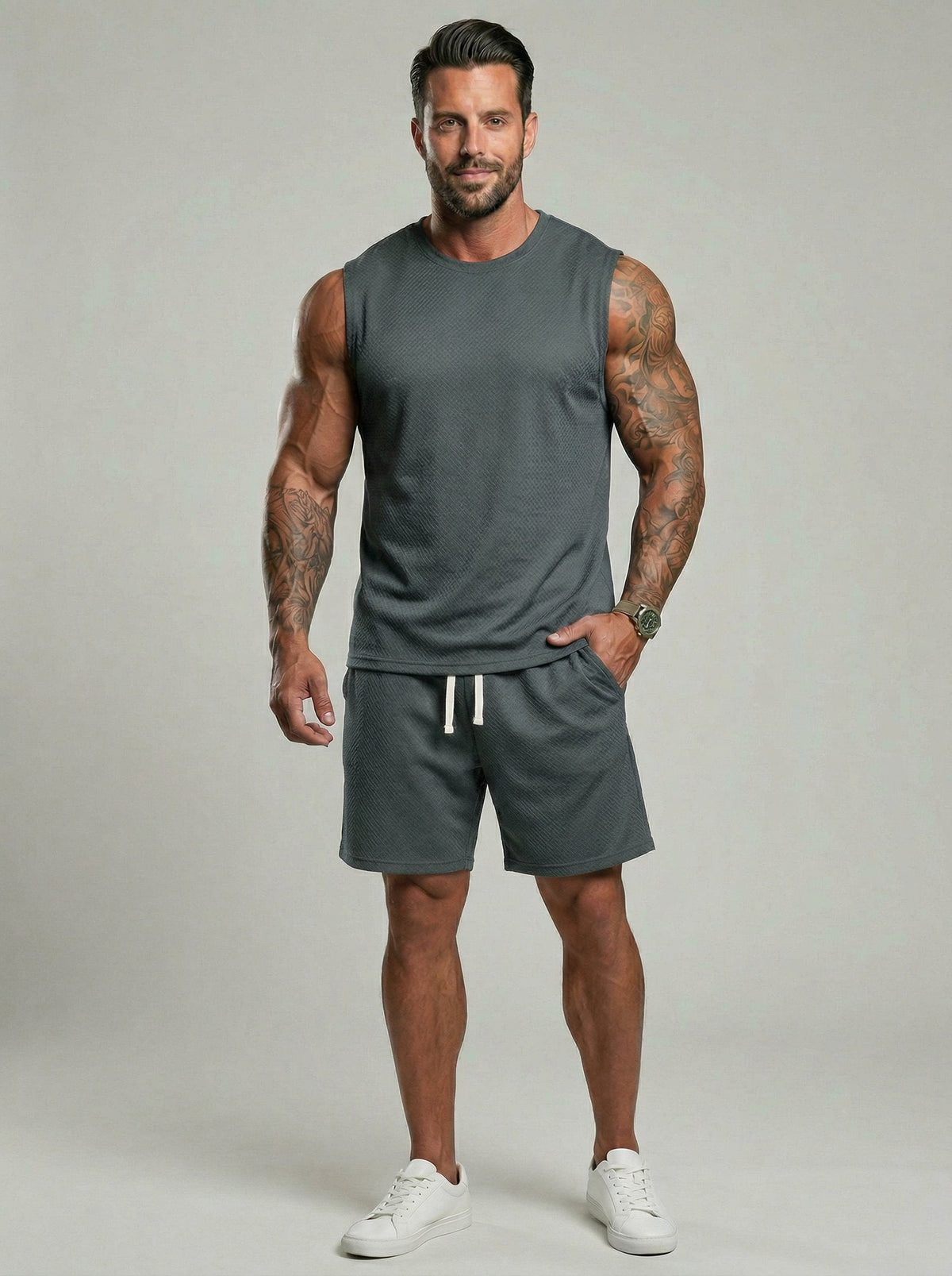 KZZ Men's Solid-Color Ribbed Sleeveless Vest and Shorts Two-Piece Set