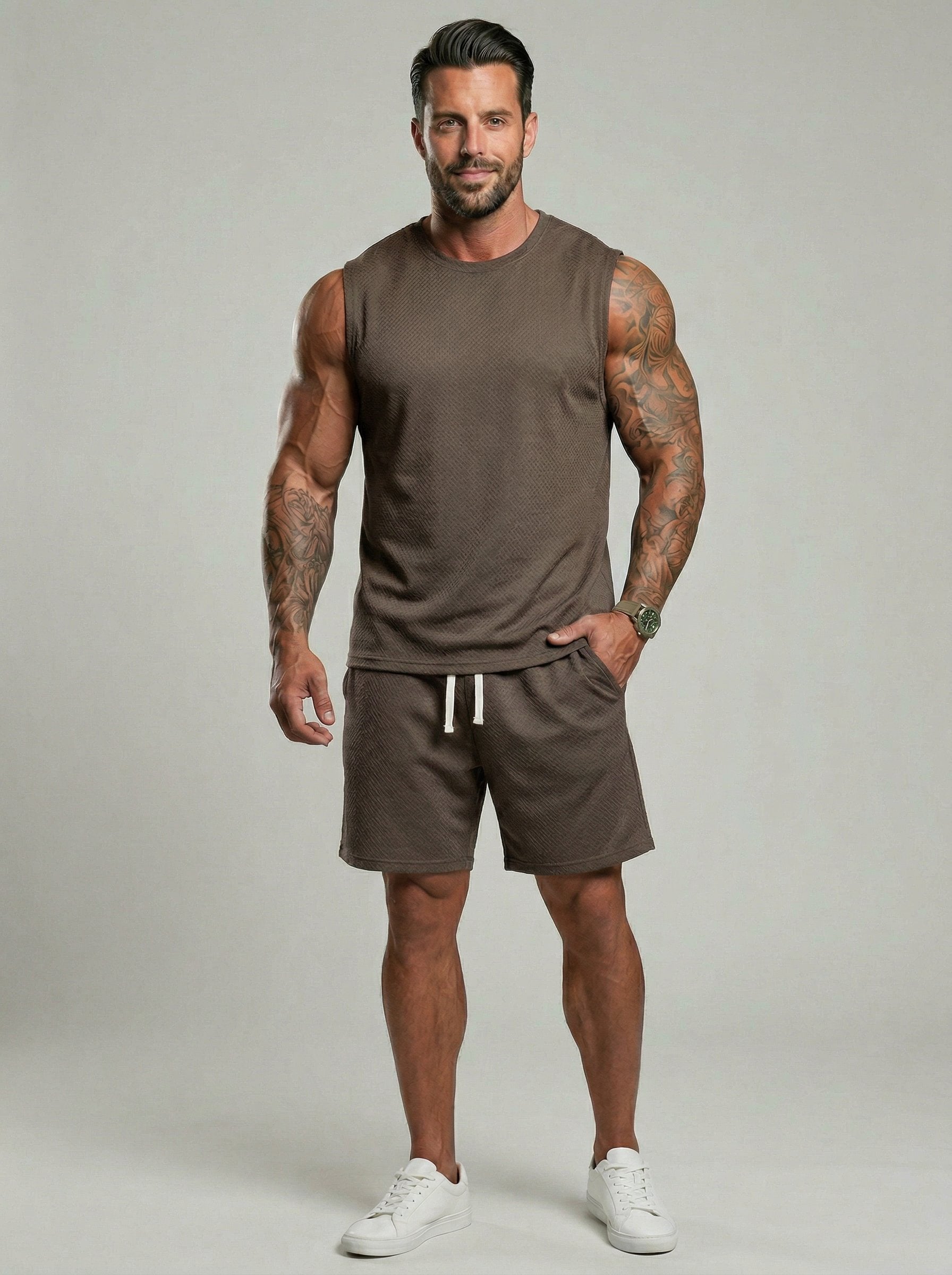 KZZ Men's Solid-Color Ribbed Sleeveless Vest and Shorts Two-Piece Set