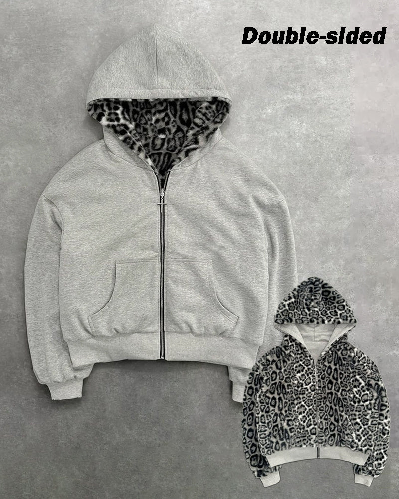 Big & Tall Men's Leopard Print Two-Face Zipper Loose Hooded Sweat S-2XL